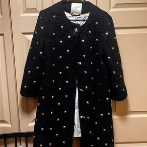 Kate Spade Spencer Gold Studded Tweed Jacket Black Mid Length Coat
